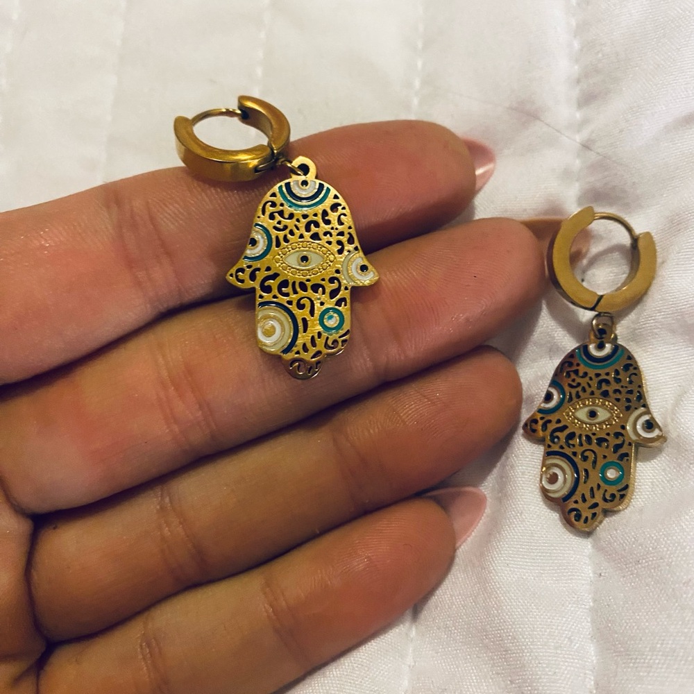 Gold and Blue Hamsa Earrings